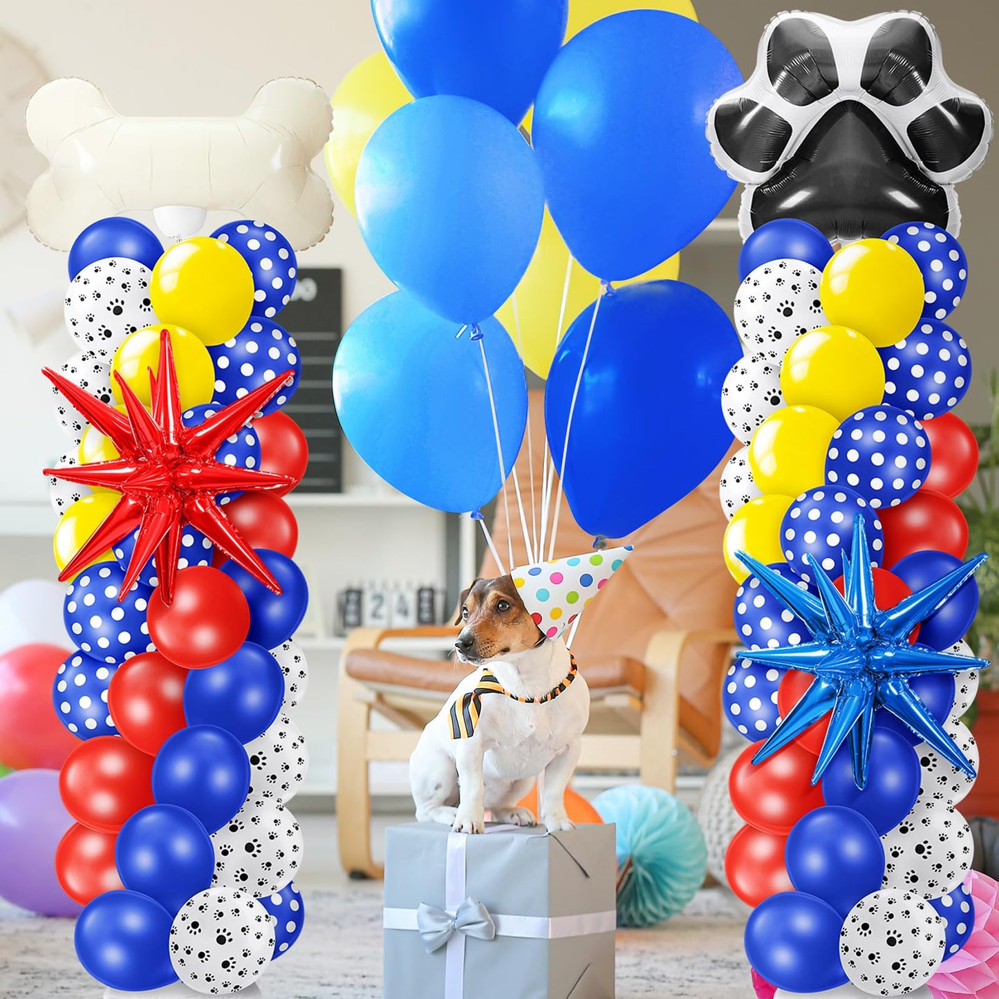Kasyat 2 Sets Dog Paw Balloon Column Stand Kit Red Yellow Blue Paw Print Polka Dot Bone Shaped Balloon Arch Garland Kit with Stand for Dog Birthday Decorations Puppy Men