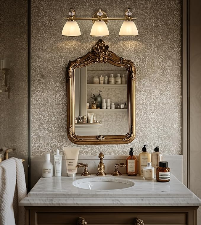 ANDY STAR Bathroom Light Fixture, 3-light Brass Vanity Light, Vintage Bathroom Lights Over Mirror with Crystal Beads, Wall Sconce Lighting with Frosted Milky Glass Shade, E26 Base (Bulbs Not Included)