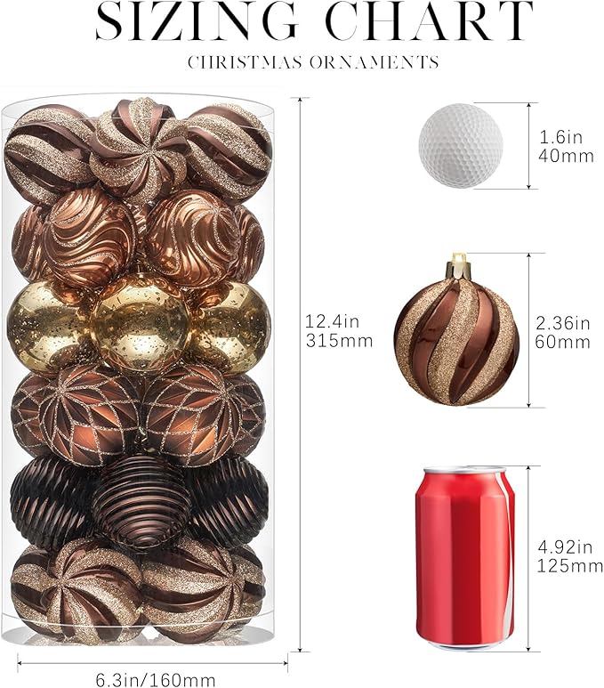 JORNOY Christmas Balls Ornaments, 30ct Shatterproof Xmas Tree Decorations, Hanging Bulbs Baubles Set with String for Holiday Home Party Decor, 2.36 inch/60mm, Brown Gold