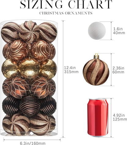 JORNOY Christmas Balls Ornaments, 30ct Shatterproof Xmas Tree Decorations, Hanging Bulbs Baubles Set with String for Holiday Home Party Decor, 2.36 inch/60mm, Brown Gold