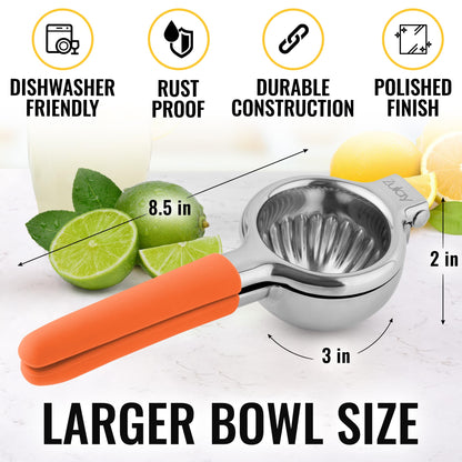 Zulay Lemon Squeezer Stainless Steel with Premium Heavy Duty Solid Metal Squeezer Bowl (Black Grip, Large)