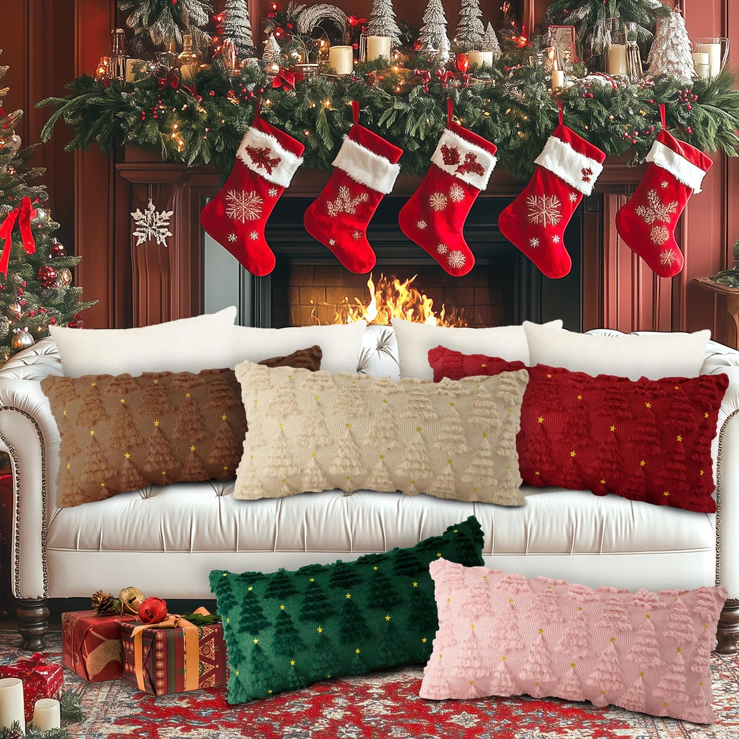 Lanpn Christmas 12x24 Throw Pillow Covers Set of 2, Winter Star Christmas Tree Throw Pillow Cases Soft Plush Faux Fur Wool 12 x 24 Winter Cushion Cover for Indoor Home Bedroom Couch Sofa Decor (Beige)