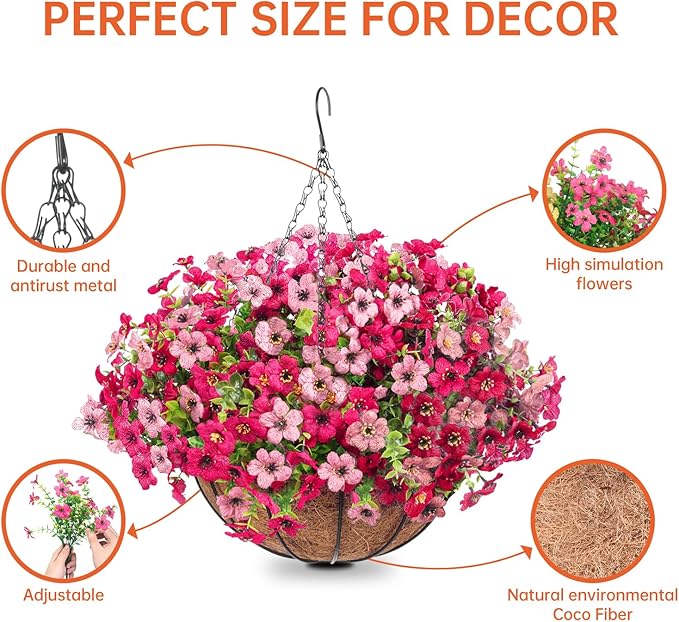 Artificial Hanging Faux Flowers Basket, Fake Silk Daisy Eucalyptus Plants Arrangement,for Spring Summer Outdoor Decoration,UV Resistant, Coconut Planter,Look Real for Home Garden Décor (Rosered Pink)