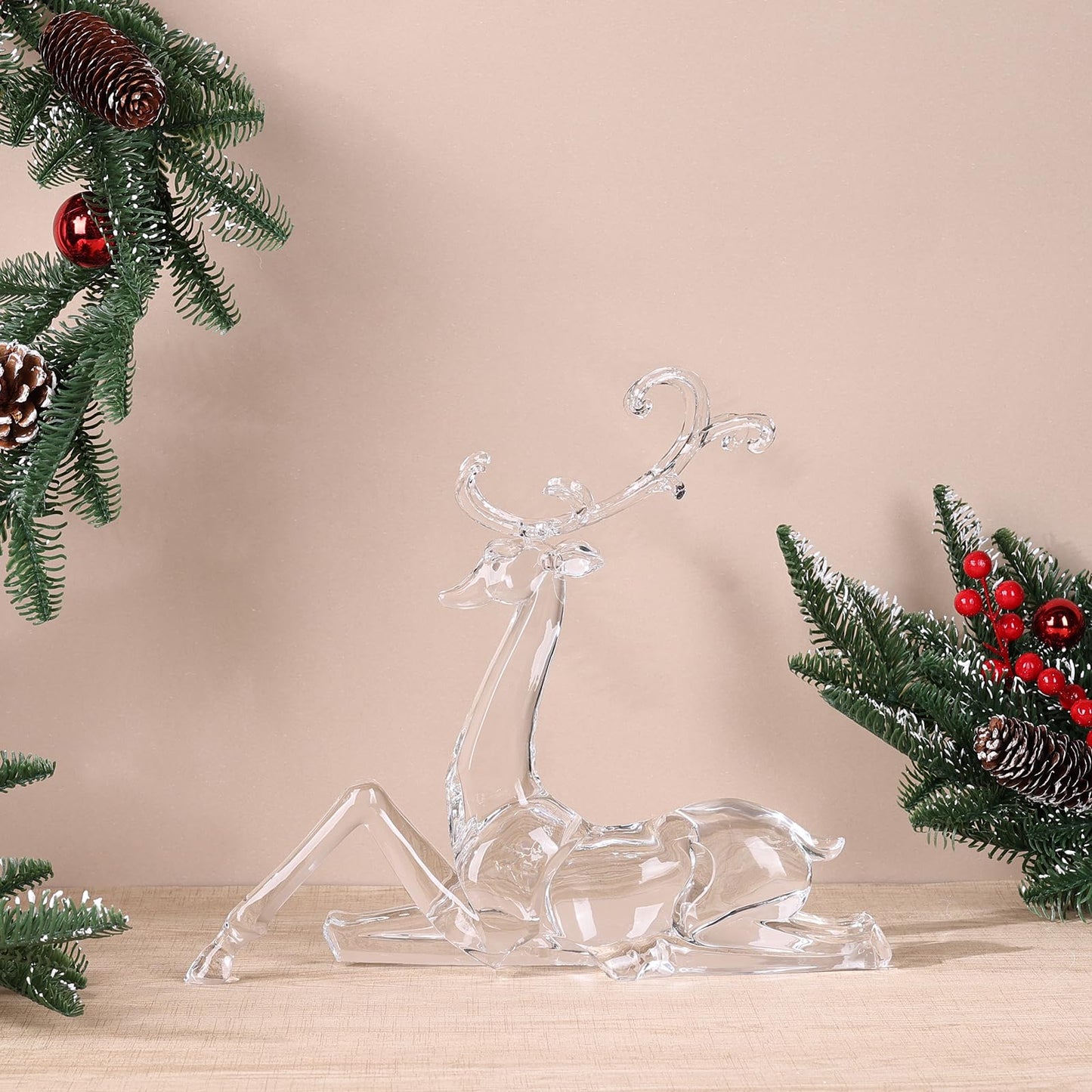 LINYTHER Large Luxury Clear Acrylic Reindeer Figurine for Christmas Decor, Elegant Transparent Crystal-Like Deer Sculpture for Table, Shelf, and Decorative Centerpiece (White Sitting 11.4")
