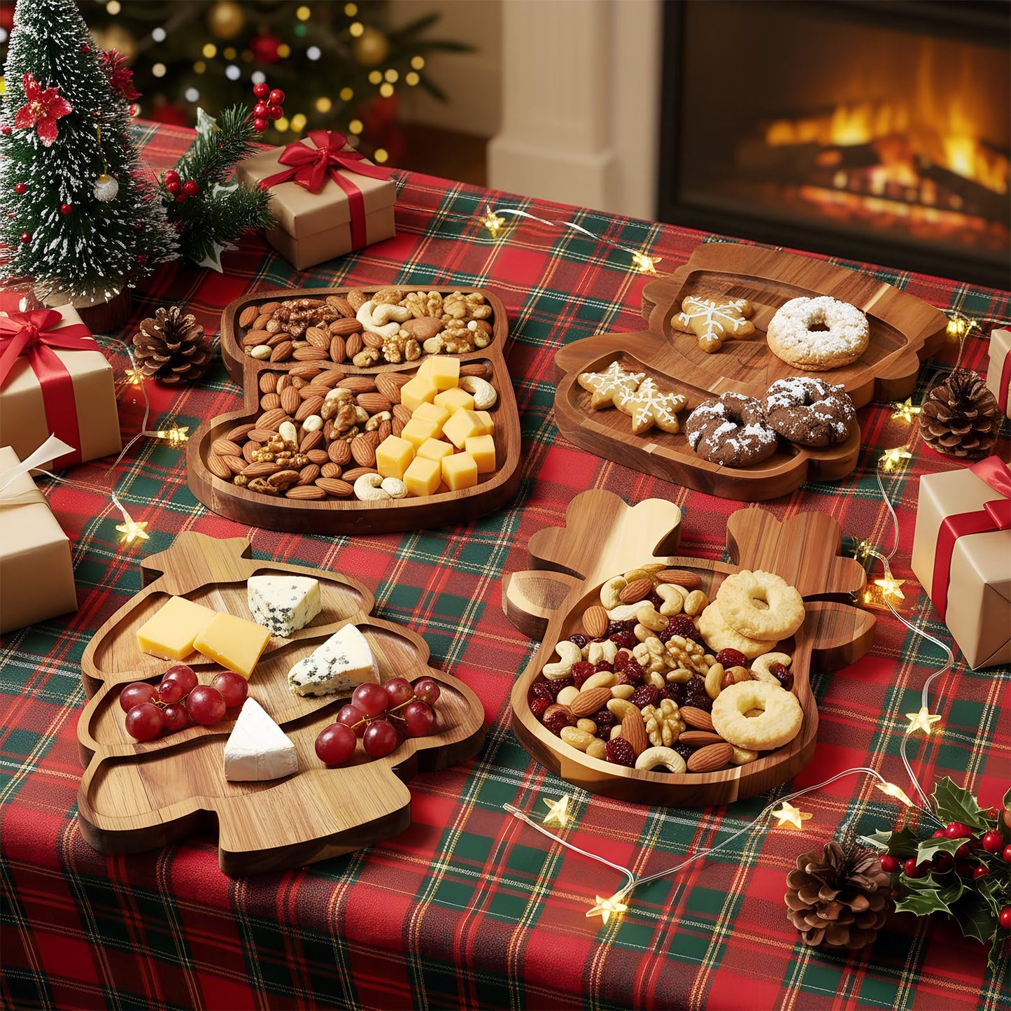 Bokon 4 Pcs Christmas Charcuterie Board 12"x10" Wooden Gingerbread Xmas Cutting Boards Serving Trays for Dessert Cheese Bread Snack Holiday Decor Gift for Christmas Party(Snowman,Acacia Wood)