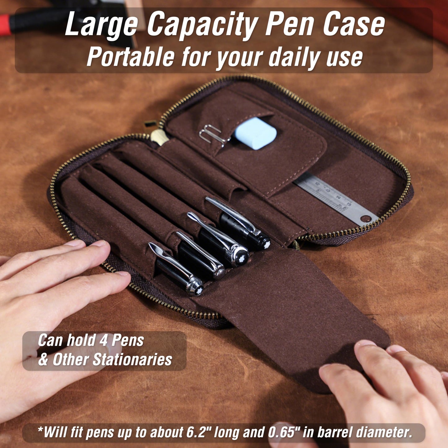 CataPurus Top Grain Genuine Leather 4 Fountain Pen/Pencil Case Pouch, Handmade Minimalist Design, Zipper Closure with Multi-Function & Slots, Gift Choice for Man/Woman/Office, Matte Coffee, 4 Slots