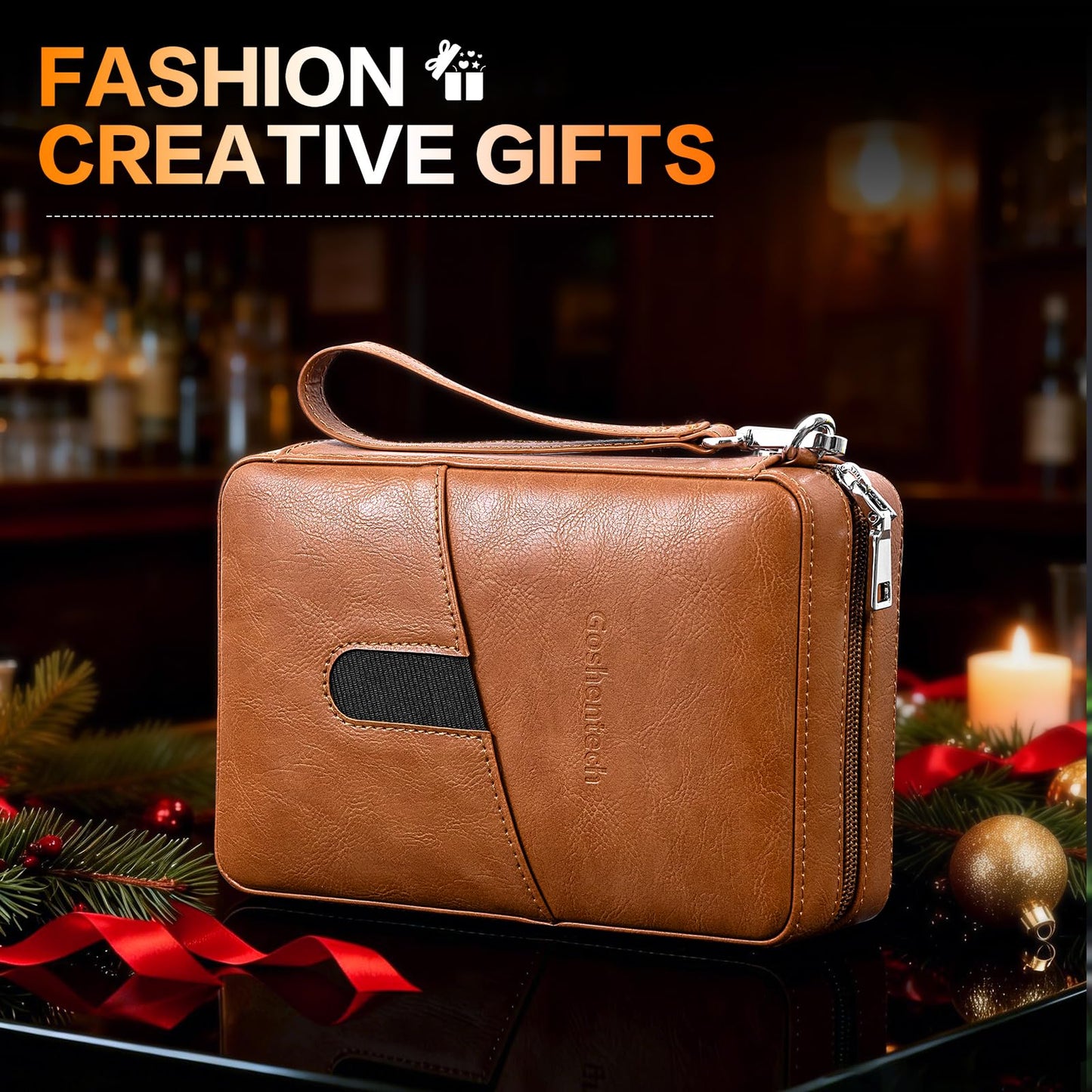 Leather Cedar Wood Case, Travel Box with Hygrometer, Capacity: 6pcs,Draw Enhancer Tool, Gifts for Men(Brown)