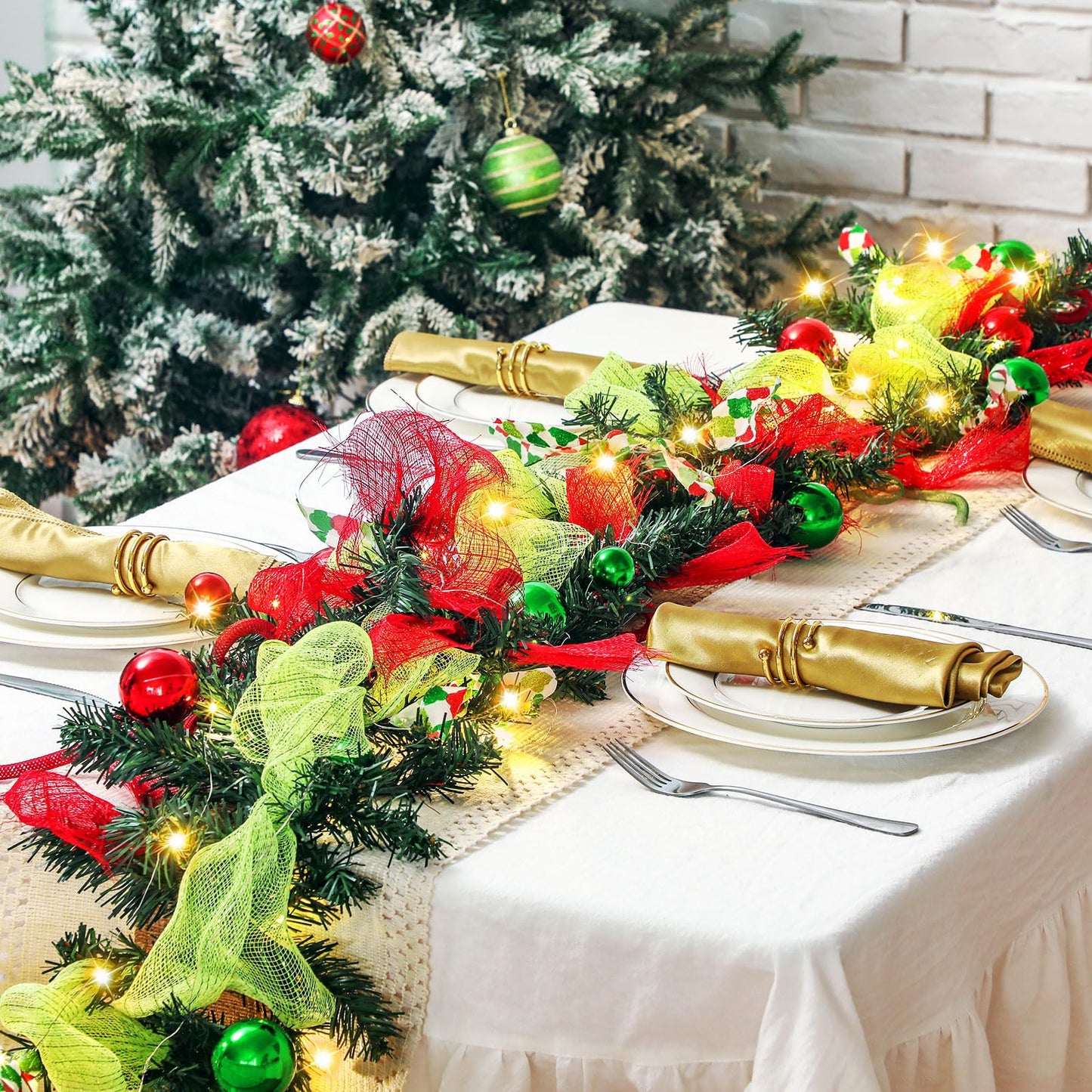 Riceshoot 6 ft Red and Green Christmas Garland with Lights for Mantle Bright Green Whimsical Xmas Garland with Red Green Balls for Front Door Fireplace Porch Table Centerpiece Outdoor Party Decor