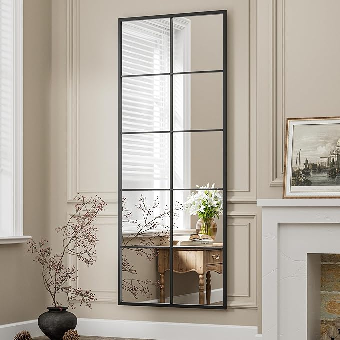 Full Length Mirror, 65"x24" Window Pane Mirror for Wall Decor, Black Full Body or Wall Mounted Mirrors, Farmhouse Standing Mirrors Hanging or Leaning for Living Room, Entryway, No Stand