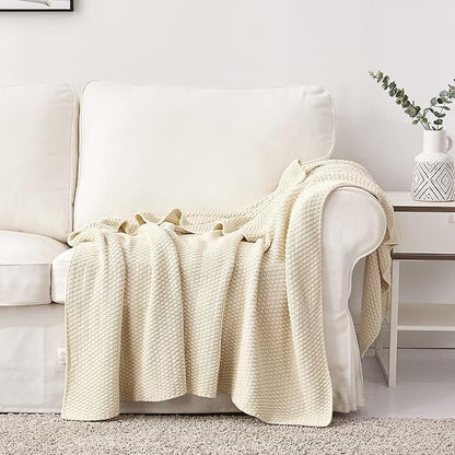 Longhui bedding Cream Knitted Cotton Throw Blanket for Couch, Soft, Cozy Machine Washable 100% Cotton Sofa Cable Knit Blankets, Heavy 4.0lb Weight, 60 x 80 Inches, Beige Color