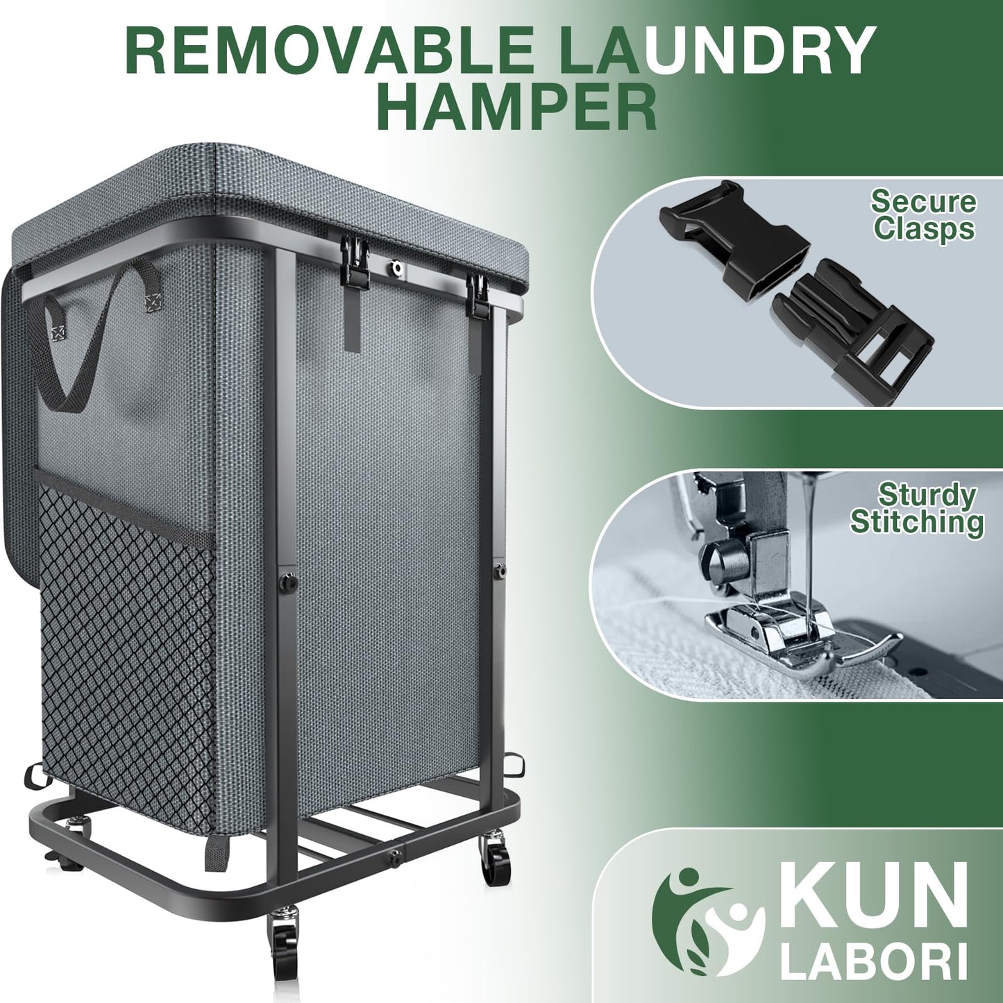 40 Gal(150L) Laundry Basket with Lid, Rolling Laundry Hamper with Wheels, Dirty Clothes Hamper with Metal Frame and Removable Bag Design, Suitable for Laundry Room, Bedroom - Grey