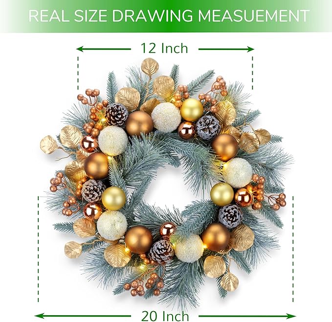 YULETIME 20-inch Christmas Wreath, Battery Operated Holiday Wreath with 20 Fairy Lights, Golden Baubles & Berries, Pine Cones, Golden Leaves, Frosted Spruce Branches and Pine Needles (Gold)