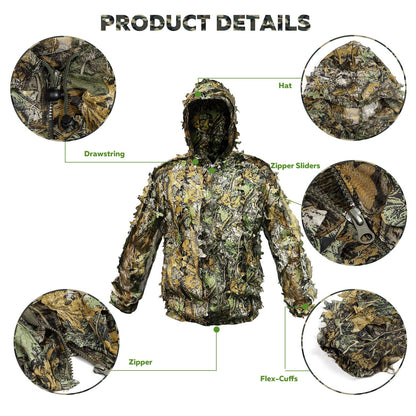 Ghillie Suit Outdoor Leafy Suit for Hunting Super Lightweight Hooded Camouflage Including Clothes Gloves Face Mask and Bag