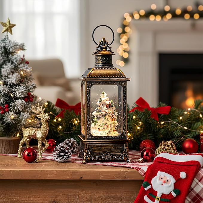 Christmas Village Buildings Snow Globe Lantern Water Glittering Snowman Family with Music & Timer, USB Lined/Battery Operated Lighted Lantern for Christmas Festival Decoration Gifts
