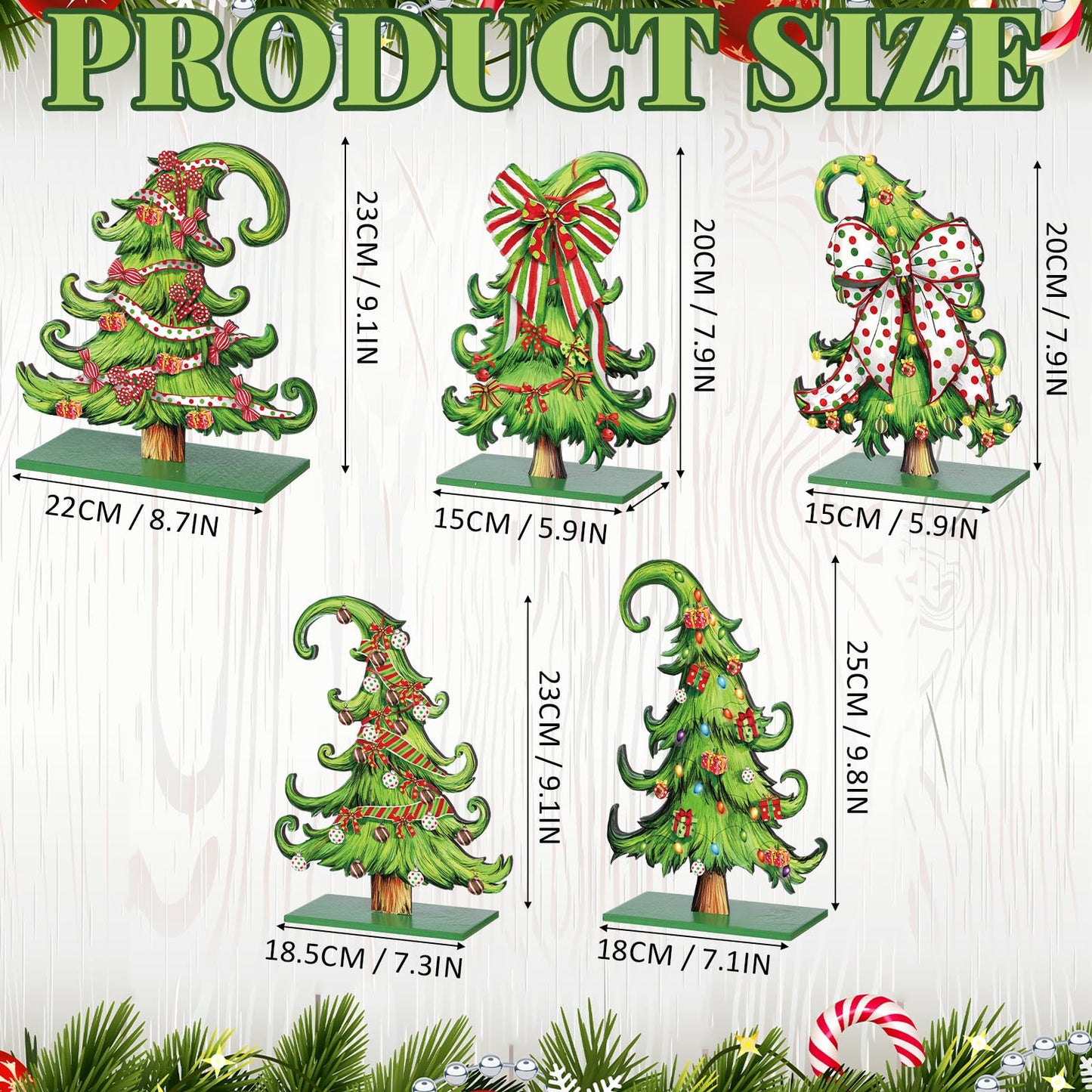 Pinkunn 5 Pcs Whimsical Christmas Table Decorations Wooden Lime Green Christmas Tree Table Centerpieces Lime Green Xmas Tree Wood Sign for Home Tabletop Ornament Holiday Xma Party Tiered Tray Decor