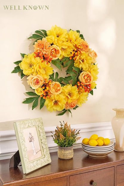 WELL KNOWN Flowering Wreaths for Front Door, Silk Peony Wreath for Front Door Porch & Indoor Wall Window, Fall Winter Wreath for Thanksgiving Farmhouse Party Veterans Day Home Decor (Yellow Orange)
