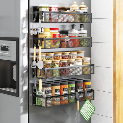 Magnetic Spice Rack for Refrigerator, 4 Pack Magnetic Shelf, Fridge Magnet Organizer with Moveable 8 Hooks, Magnetic Fridge Shelf for Kitchen Organization and Storage (4 Pack)
