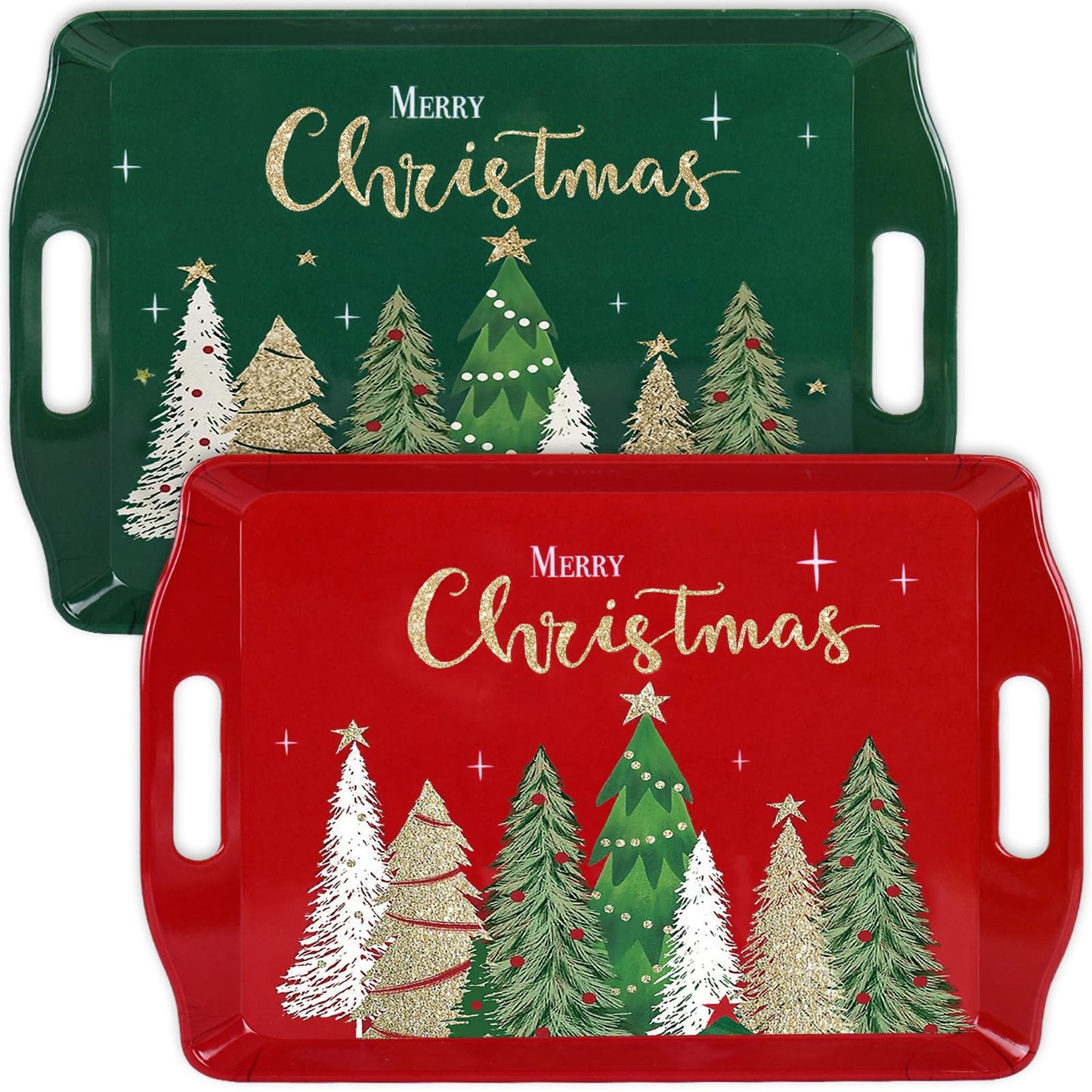 4 Pcs Merry Christmas Serving Tray Xmas Tree Handled Melamine Board Red Green Gold Serving Platter for Home Party Food Supplies