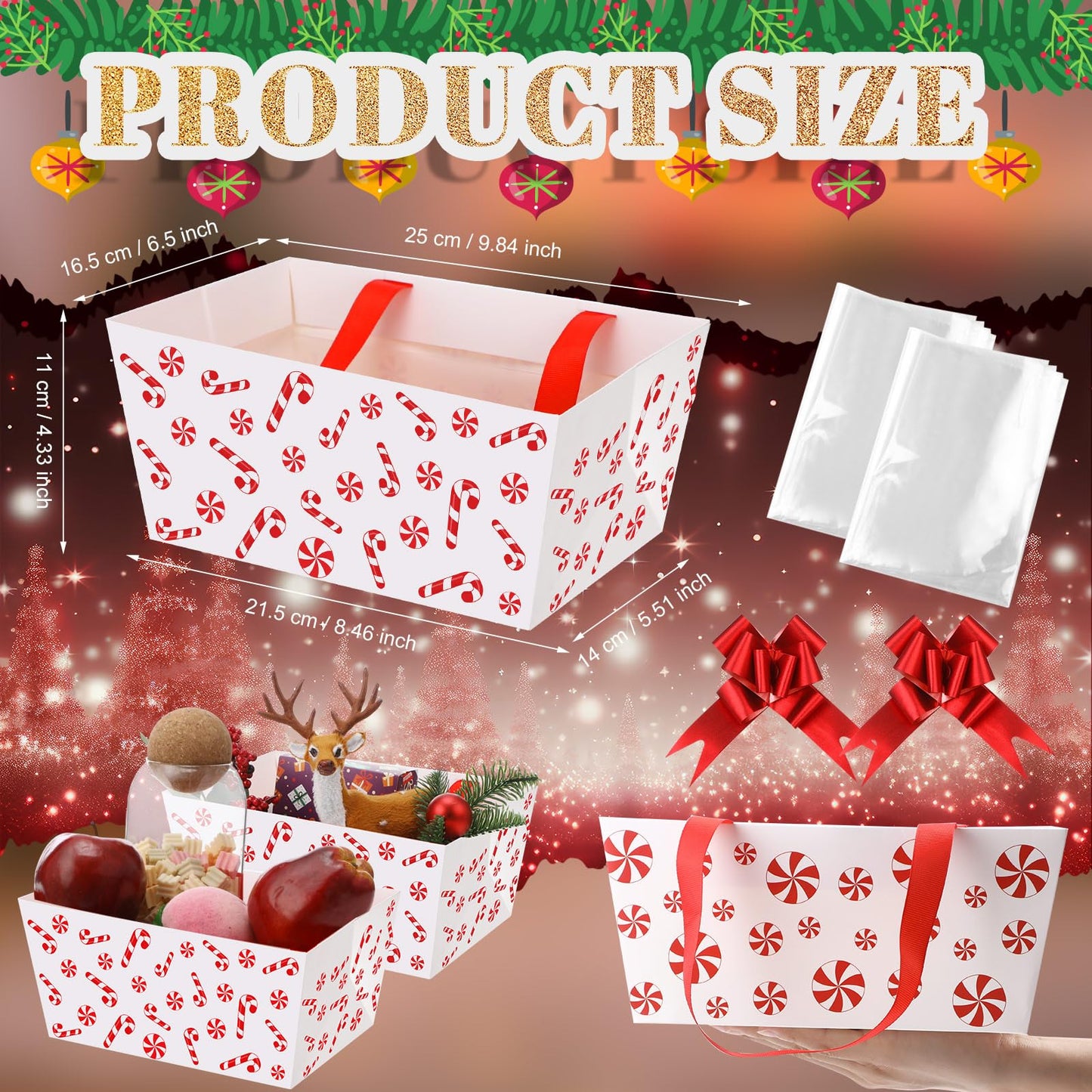 Moinchore 12 Pcs Christmas Basket for Gifts Empty 9.8 x 6.5'' Candy Cane Market Tray Red Cardboard Basket with Bows, Plastic Bags, Twist Ties, Empty to Fill for Holiday Birthday Xmas Party Favor