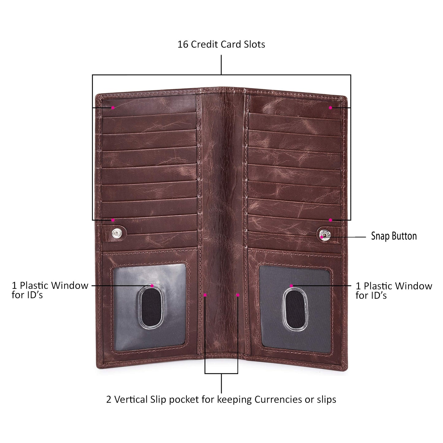 Long Wallet for Men Women Real Leather Bifold RFID Stylish Slim Handmade 2 ID Window Credit Card Holder in Gift Box (Coffee, Wax Pull Up)
