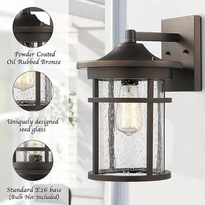 Bestshared Outdoor Wall Mount Light Fixture, Large Exterior Porch Wall Lantern, Outdoor Wall Light with Seeded Glass Shade (Oil Rubbed Bronze, 14" Height)