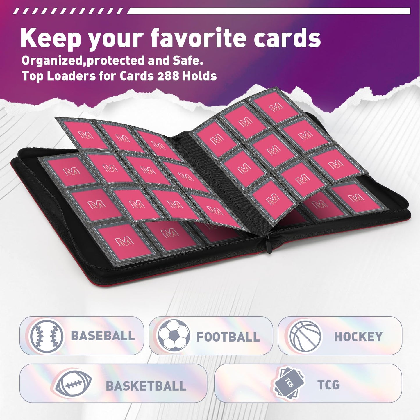 Toploader Binder,Trading Card Binder Storage Hold up 288 Cards 9-Pocket Top Loader Binder with Sleeves for 3"x4" Rigid Toploaders Hard Cases (9Oxblood Red)