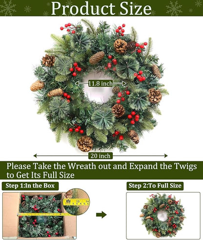 Christmas Wreaths for Front Door, Prelit Christmas Wreath with 30 Warm White & Colorful Lights 8 Modes Timer Pinecones Berried Norfolk Pine Wreath 20 Inch Xmas Wreath Decorations for Door Wall Windows
