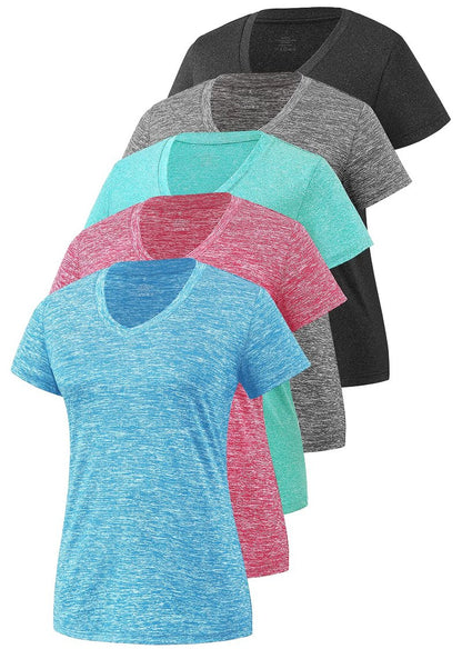 Cosy Pyro Women's Short Sleeve V-Neck Athletic T-Shirt Exercise Yoga Tees Dry Fit Gym Shirts Moisture Wicking Workout Tops Pack of 5 Black/Gray/Azure/Rose/Blue XL