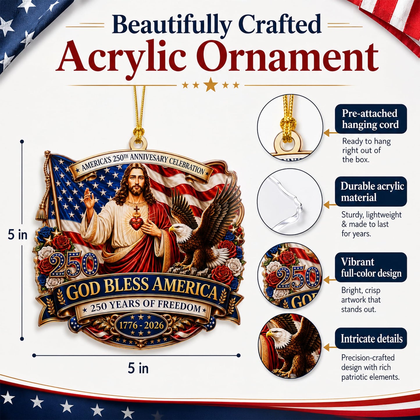 God Bless America Anniversary USA 250 Ornament, 2D Acrylic USA 250 Merchandise, Fourth of July Decorations, Patriotic Decor, USA 250th Anniversary 4th of July Gifts, USA 250th Birthday Gifts