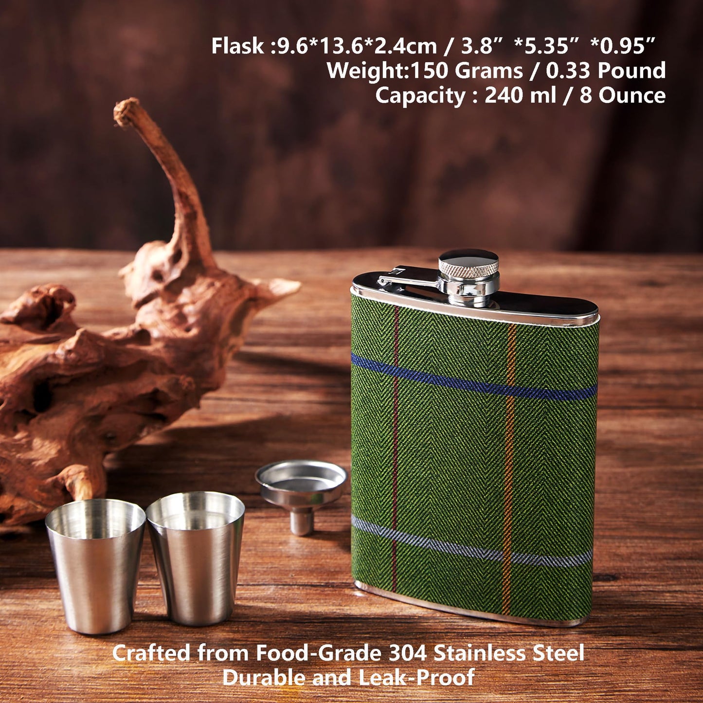 Luxury 8 Ounce Stainless Steel Hip Flask Gift Set with 2 Shot Glasses and Funnel Leather-Printed Cover (Denim Fabric Pattern)