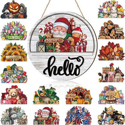 Yousoontic 17 Pcs 12 Inch Magnetic Welcome Door Sign Interchangeable Front Door Decor Rustic Fall Seasonal Hanging Sign Halloween Christmas Decor for Home Warming Gift(Lovely Color,Hello)