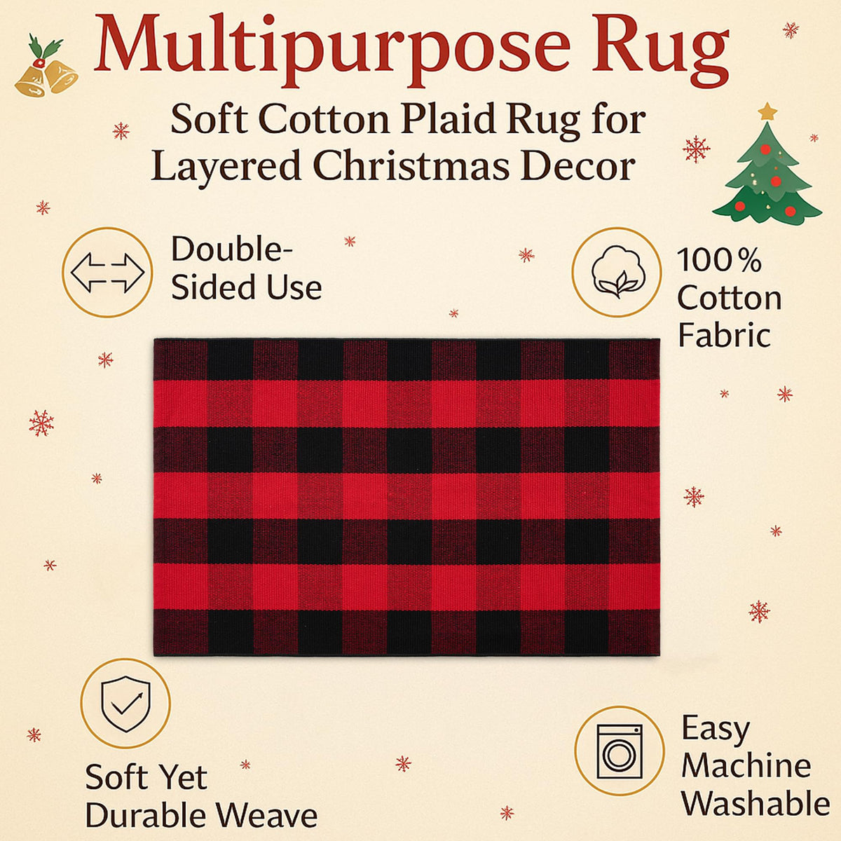 Christmas Door Mat Combo Set - 100% Coco Coir Welcome Mat + 3' x 5' Red and Black Plaid Rug, Christmas New Year Holiday Collection Doormat for Front Porch Entryway Decorative