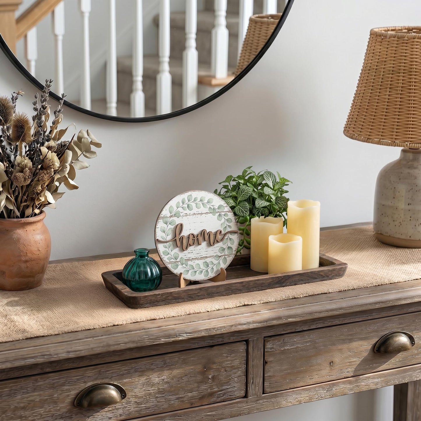 Romadedi Wooden Decorative Tray Candle Holder - Wood Long Narrow Tray Home Decor Small Rustic Centerpieces Trays for Coffee Table Dining Room Kitchen