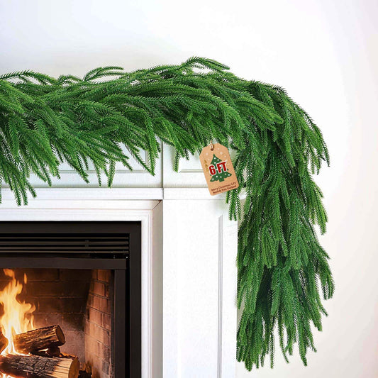 【Extra Full】 6FT Christmas Norfolk Pine Garland, Greenery Real Touch Decorations for Mantle Table Staircase Stair Railing Fireplace Mantel Porch Holiday Home Winter Faux Xmas Indoor Outdoor Decor