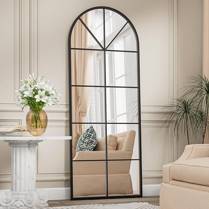Full Length Mirror, 65"x22" Arched Window Pane Mirrors for Wall Decor, Black Full Body or Wall Mounted Mirrors, Farmhouse Standing Mirror Hanging or Leaning for Living Room, Entryway, No Stand