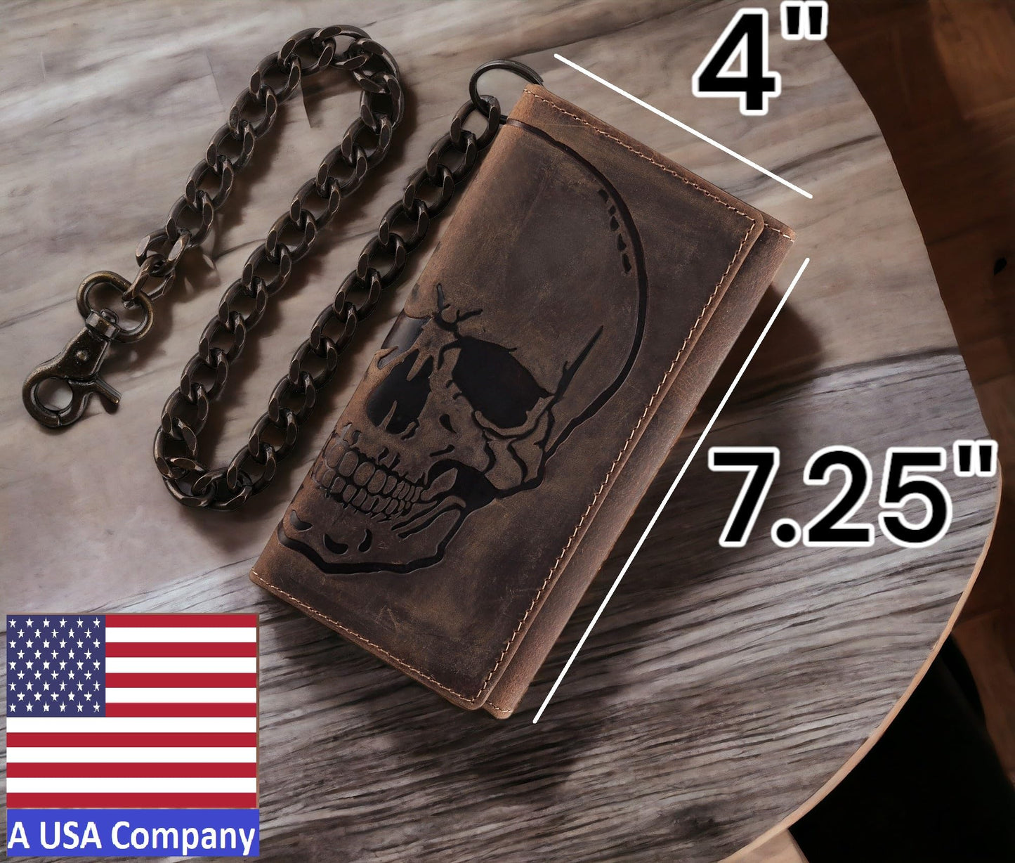 F&L CLASSIC RFID Blocking Mens Tri-fold Long Style Cowhide Leather Steel Chain Wallet,brown distress with skull,212-70