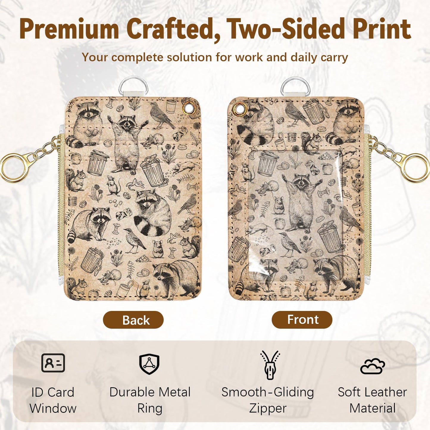 Leather Cute Badge Holder with Zipper Pocket, Raccoon Lanyards and 1 Zip Pocket and 4 Card Slots, Breakaway Lanyards with Metal Clasp for Offices, Staff, Adult, Employees