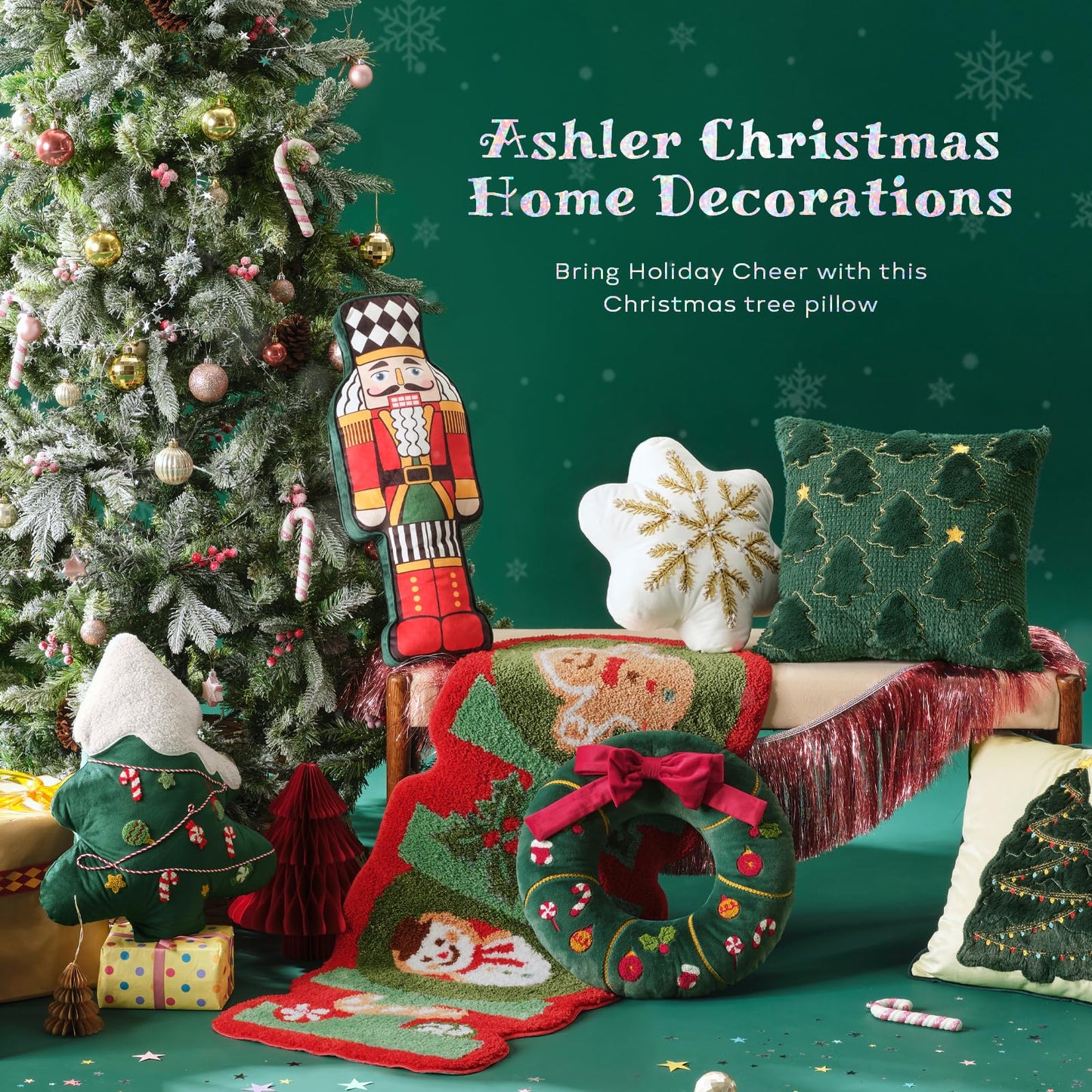 Ashler Merry Christmas Tree Shaped Pillow, Pine Tree Christmas Throw Pillow, White Teddy & Soft Velvet Xmas Decorative with Cute Embroidery, for Couch, Bedroom, Living Room, Green, 19x17 inches