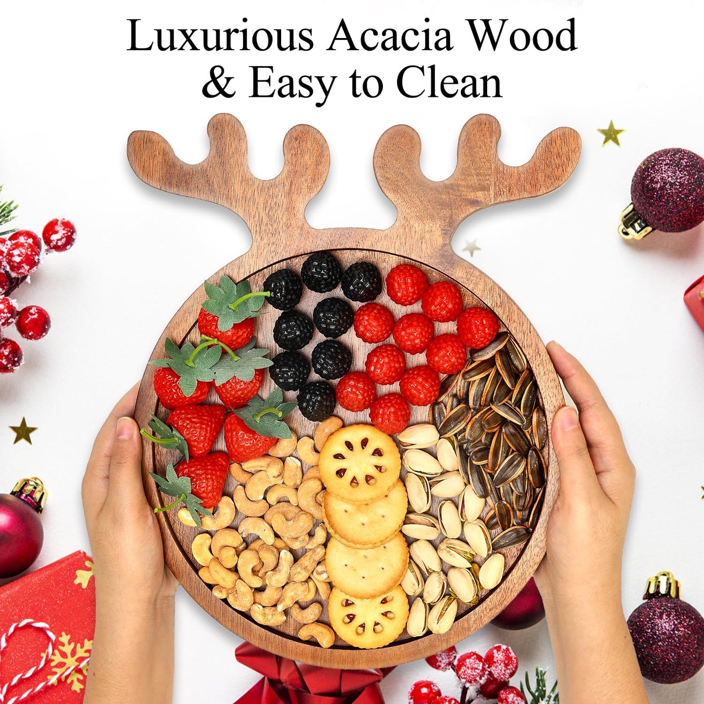 Renawe Decor Christmas Dinner Plate 12"x10" Wooden Cheese Charcuterie Board Xmas Cookies Platter Wood Salad Charger Plates for Christmas Holiday Festive Serving Dish Decorative Round Dessert Trays