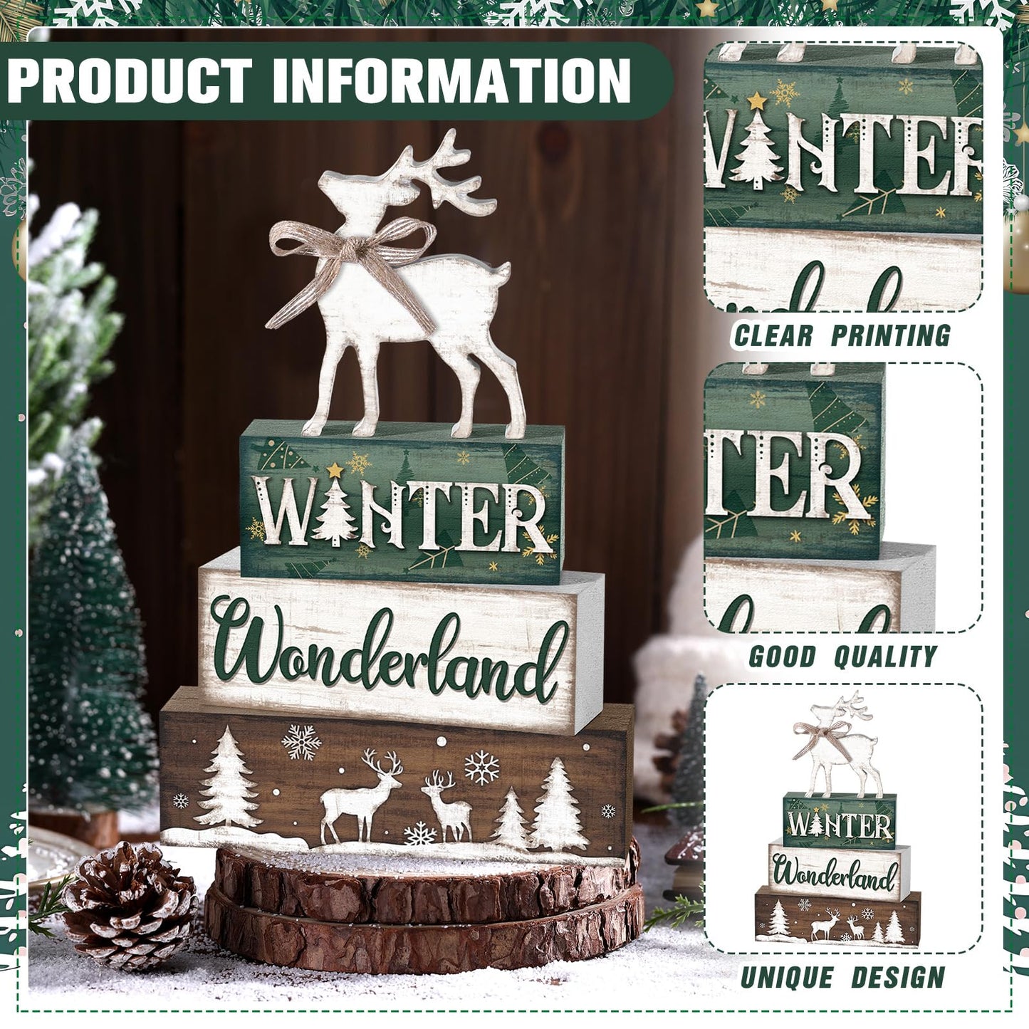 Yousoontic 4 Pcs Winter Decor Woodland Christmas Wooden Sign Blocks Table Centerpiece with Reindeer Snowflakes Trees Rustic Holiday Decorations for Farmhouse Winter Home Indoor