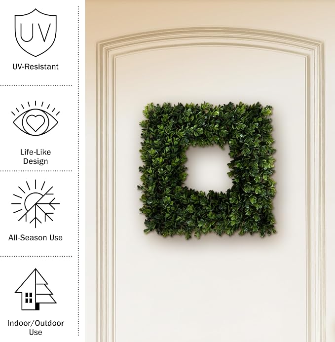 Pure Garden Boxwood Wreath - 16.5-Inch Square UV Resistant Artificial Spring, Summer, Fall or Winter Wreath - Outdoor/Indoor Wreaths for Front Door