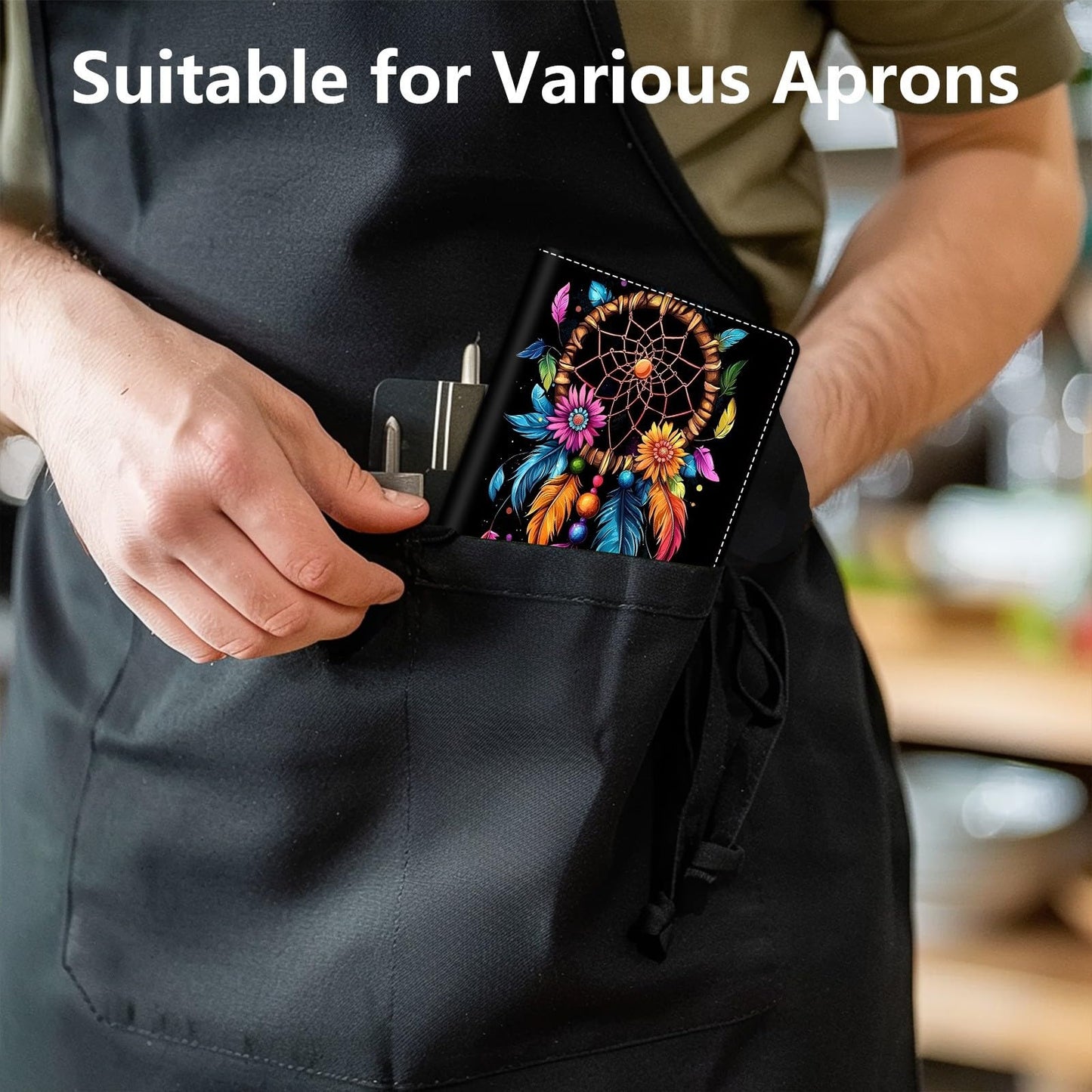 DHYYDSQZ Server Books for Waitress Waiter Book with Zipper Money Pocket Dream Catcher Design PU Leather Cute Waitstaff Organizer Black Waiter Serving Book Wallet with Pen Holder Fit Server Apron