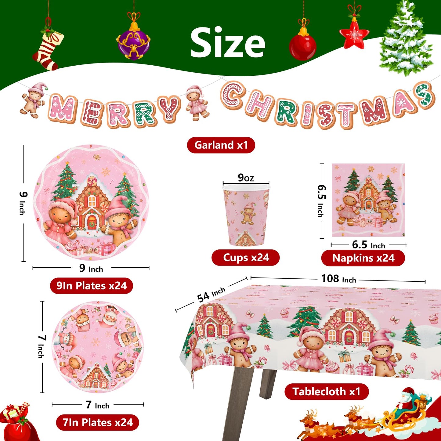Arosche Christmas Gingerbread Party Decorations Set for 24-Disposable Paper Plates and Napkins, Cups, Garland, Tablecloths, Merry Christmas Party Supplies for Xmas Winter Birthday Table Decor