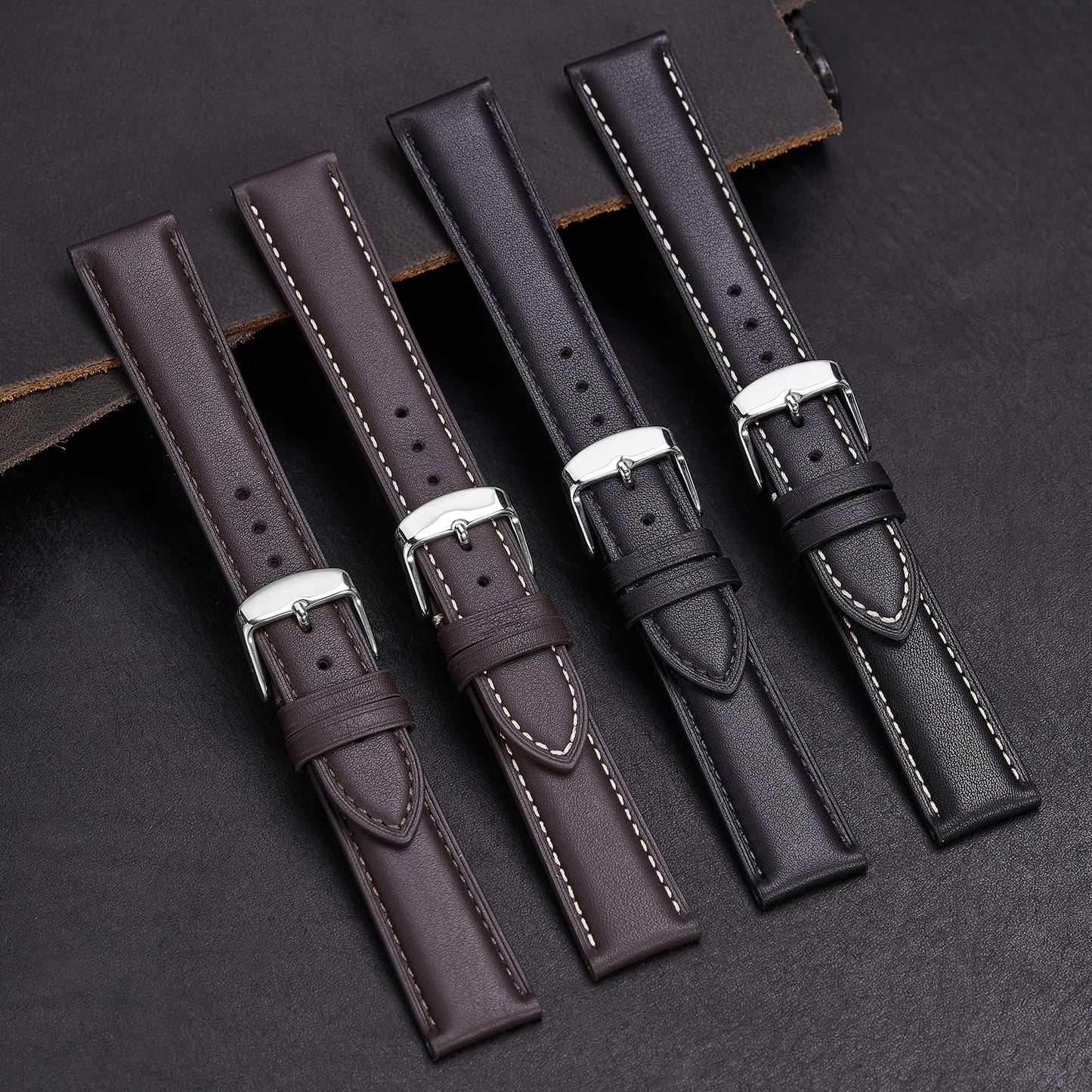 Afany Leather Watch Band 20mm for Men and Women, Quick Release Watch Strap, Black Replacement Watchband