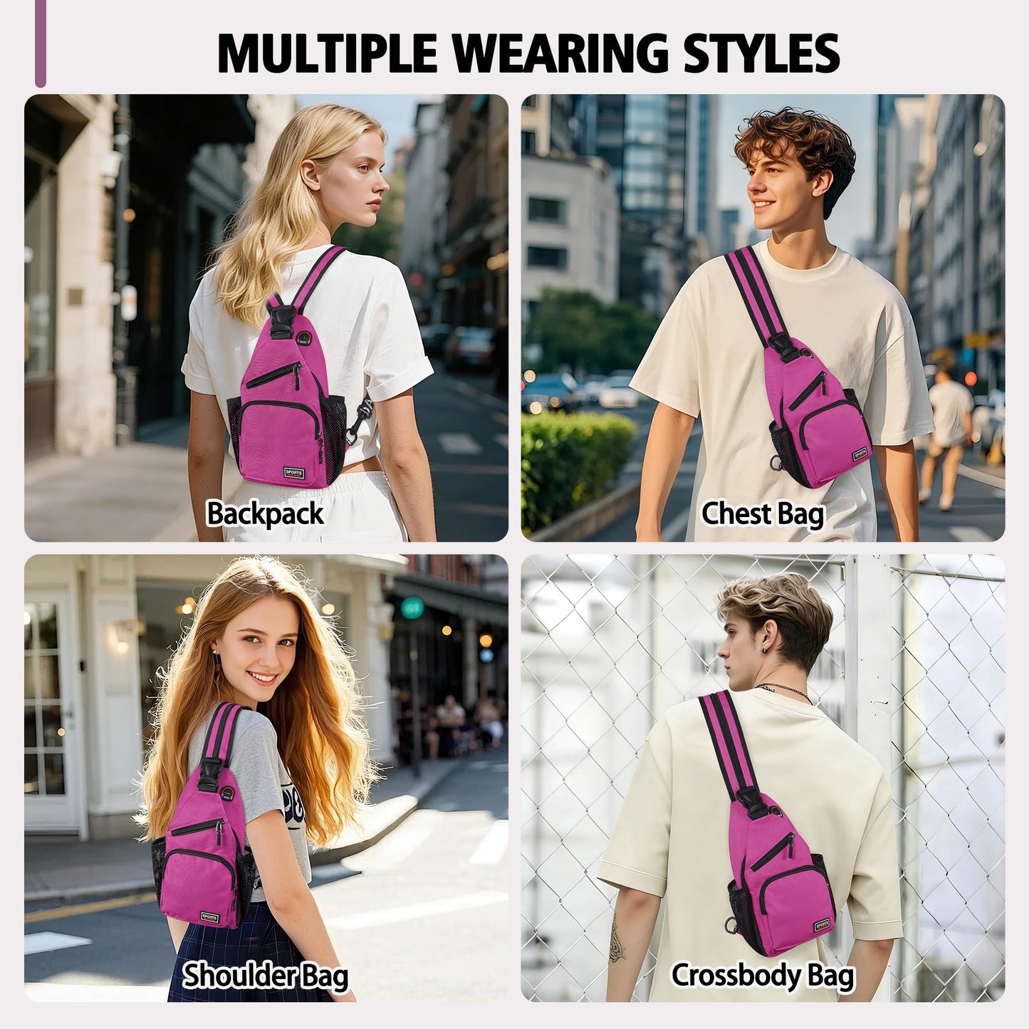 Geestock Convertible Sling Bag for Women Men, 12.6" Crossbody Sling Backpack with Headphone Hole Fit 7.9" Tablet, Lightweight Chest Bag Daypack Crossbody for Travel Sport Hiking & Commute,Purplishred