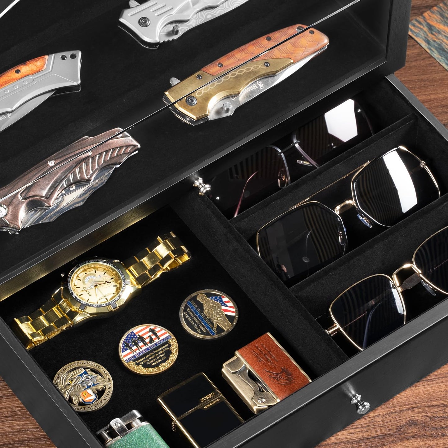 Emfogo Pocket Knife Display Case, Large Knife Collection Box for Folding Knives & EDC Gear, Solid Wood Knife Organizer with Transparent Lid & Drawer, Collector-Grade Gift for Men (Black)