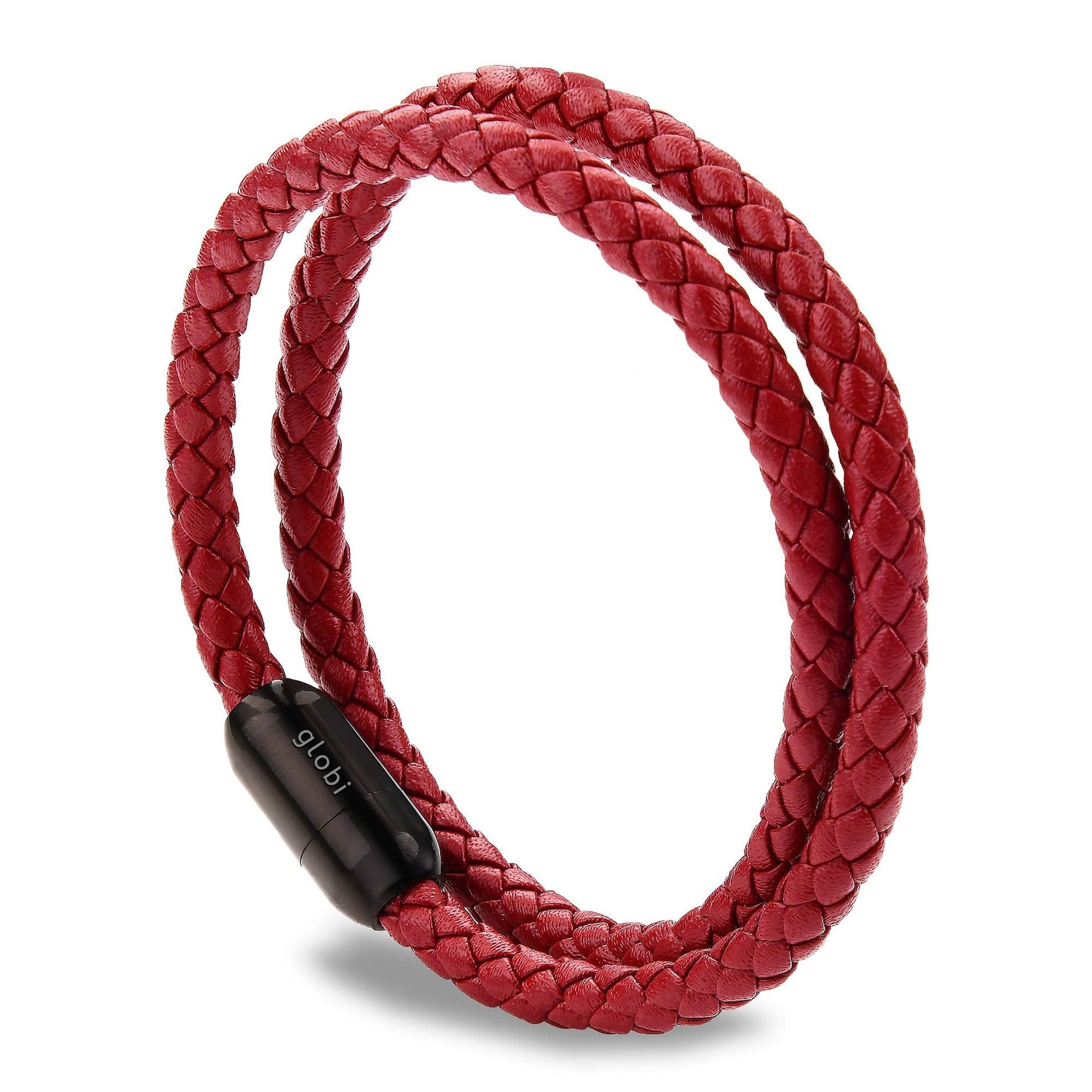 globi Leather Bracelet For Men | Genuine Wrap Braided Leather Cuff Bangle Bracelet with Magnetic Stainless Steel Clasp For Men/Women (Red 7”)