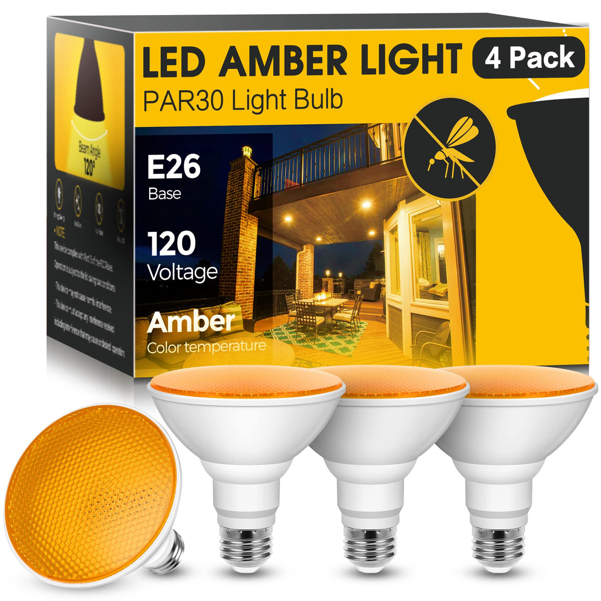 12W LED Bug Lights for Outside[4 Pack], JandCase Yellow Bug Light Bulbs Outdoor, 100Watt Equivalent, PAR30 Flood Light Bulbs for Porch, Patio, E26 Base, Non-Dimmable