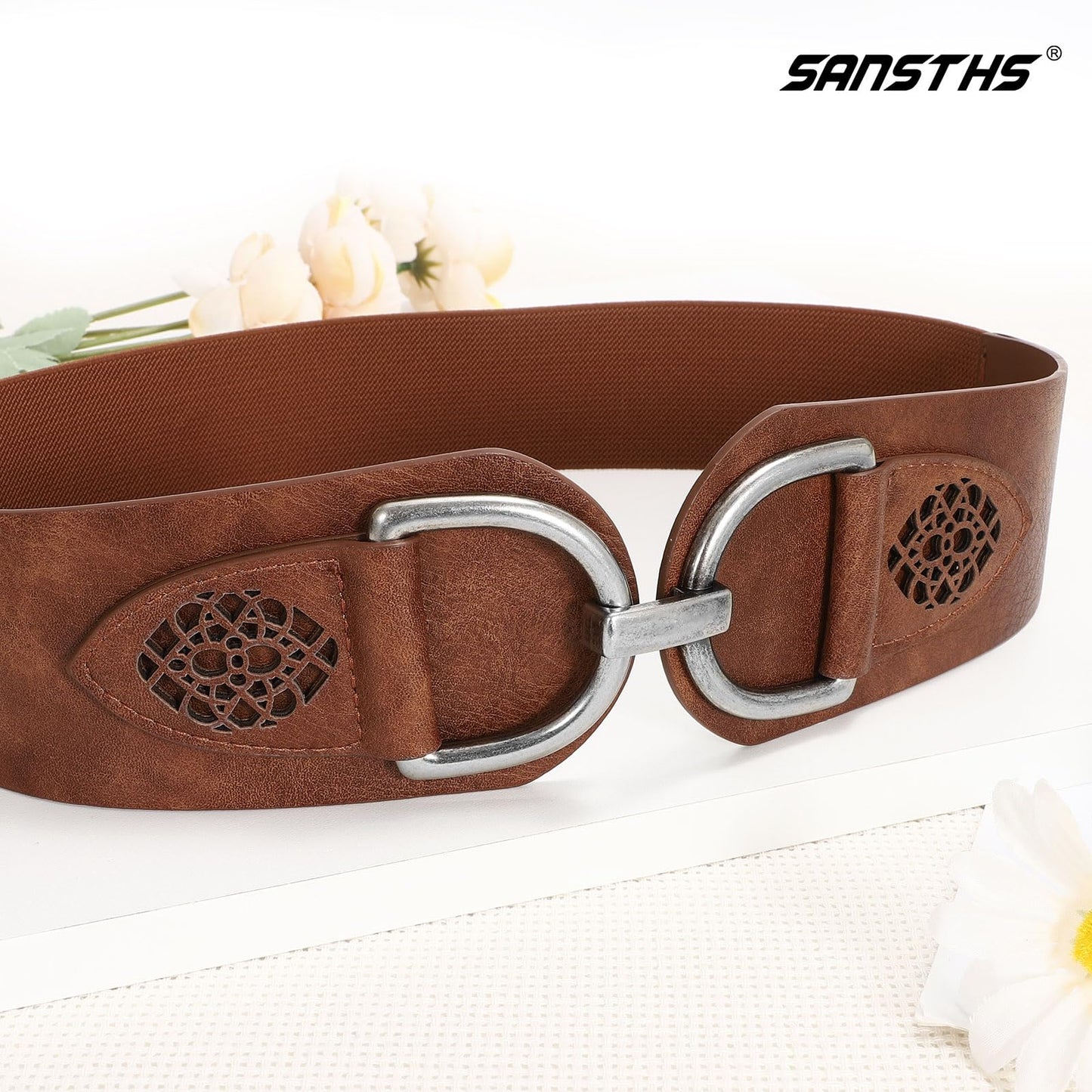 SANSTHS Vintage Women Stretchy Wide Belt Chunky Buckle Elastic Wide Waist Belts for Dresses Coats, Coffee XXL