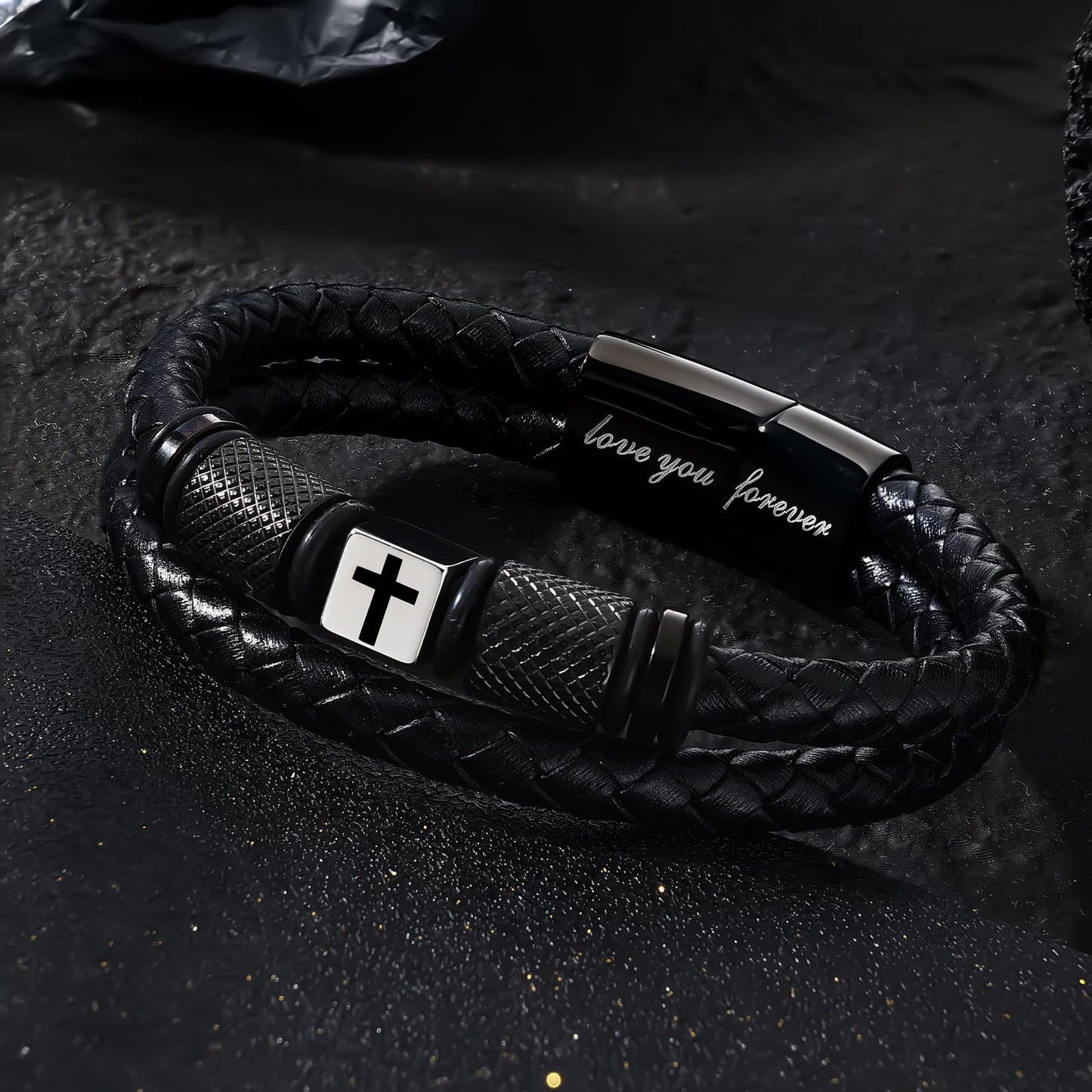 Leejory Christian Cross Bracelet for Men, Double-Row Braided Genuine Black Leather Multi-layer Cuff Bracelet Adjustable Wristband, Catholic Religious Jewelry Baptism Easter Gifts for Young Men Teenage